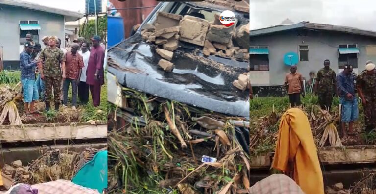VIDEO: Nigerian Air Force Ikeja officials visit the scene of a fence collapse that destroyed multiple properties following a heavy downpour. Assessment and safety checks are currently ongoing.