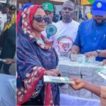 Wife of APC Gubernatorial Candidate Senator Ahmed Wadada, Hajiya Maryam Wadada, spotted sharing millions of newly printed ₦500 notes to her supporters during a visit.